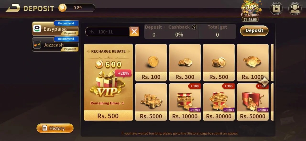 Royal X Casino deposit screen showing EasyPaisa/JazzCash options, the +30% first deposit badge and recharge amount tiles