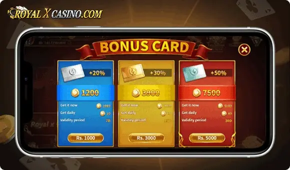 Royal X Casino Bonus Card screen showing three tiers at +20%, +30% and +50%