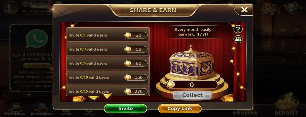 Royal X Casino Share and Earn screen showing coin rewards for 1, 3, 5, 10 and 15 valid invites