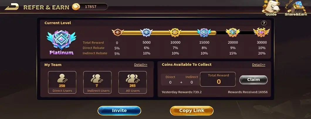 Royal X Casino Refer and Earn screen showing Platinum tier rebate percentages and team stats