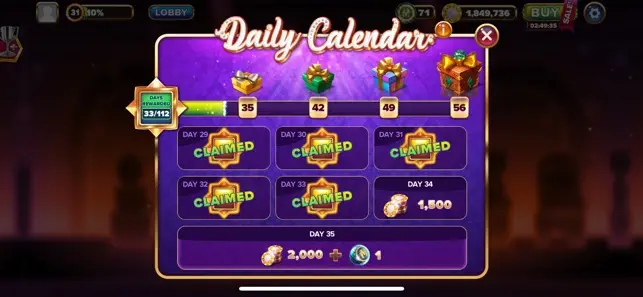 Royal X Casino Daily Calendar screen showing claimed daily rewards and upcoming milestone gifts