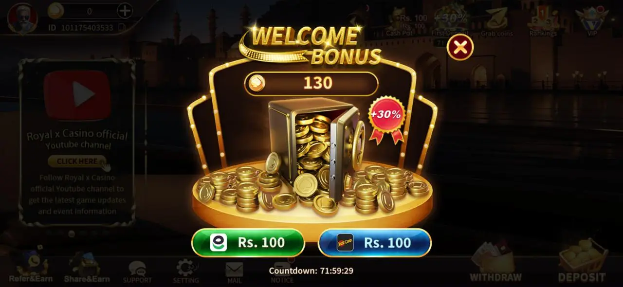 Royal X Casino welcome bonus popup showing 130 coins and Rs.100 EasyPaisa/JazzCash claim buttons